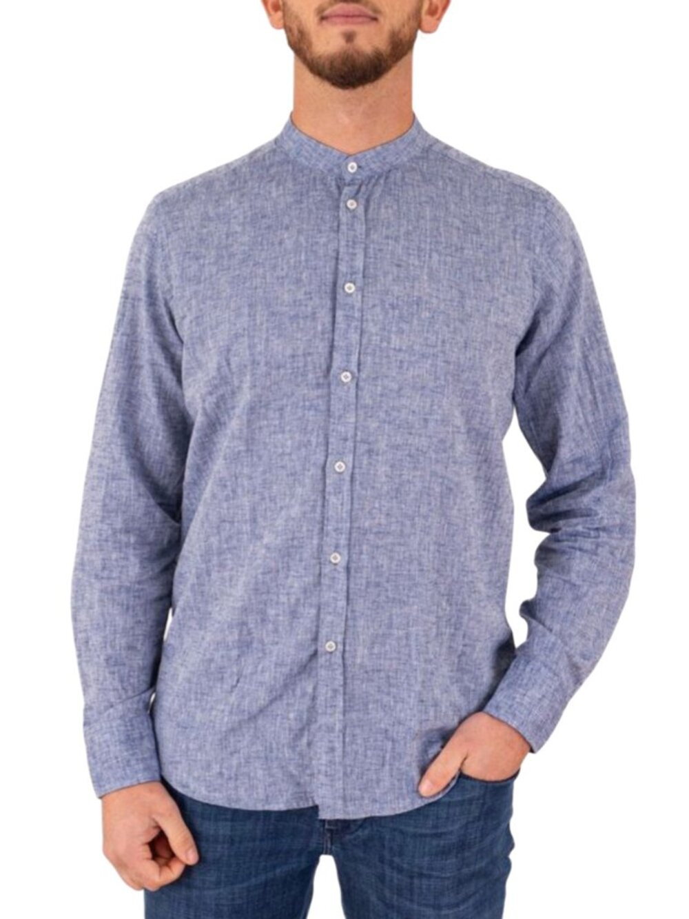 Zara Men's Mandarin Collar Chambray Cotton / Linen Long Sleeve Shirt Size 13-14
